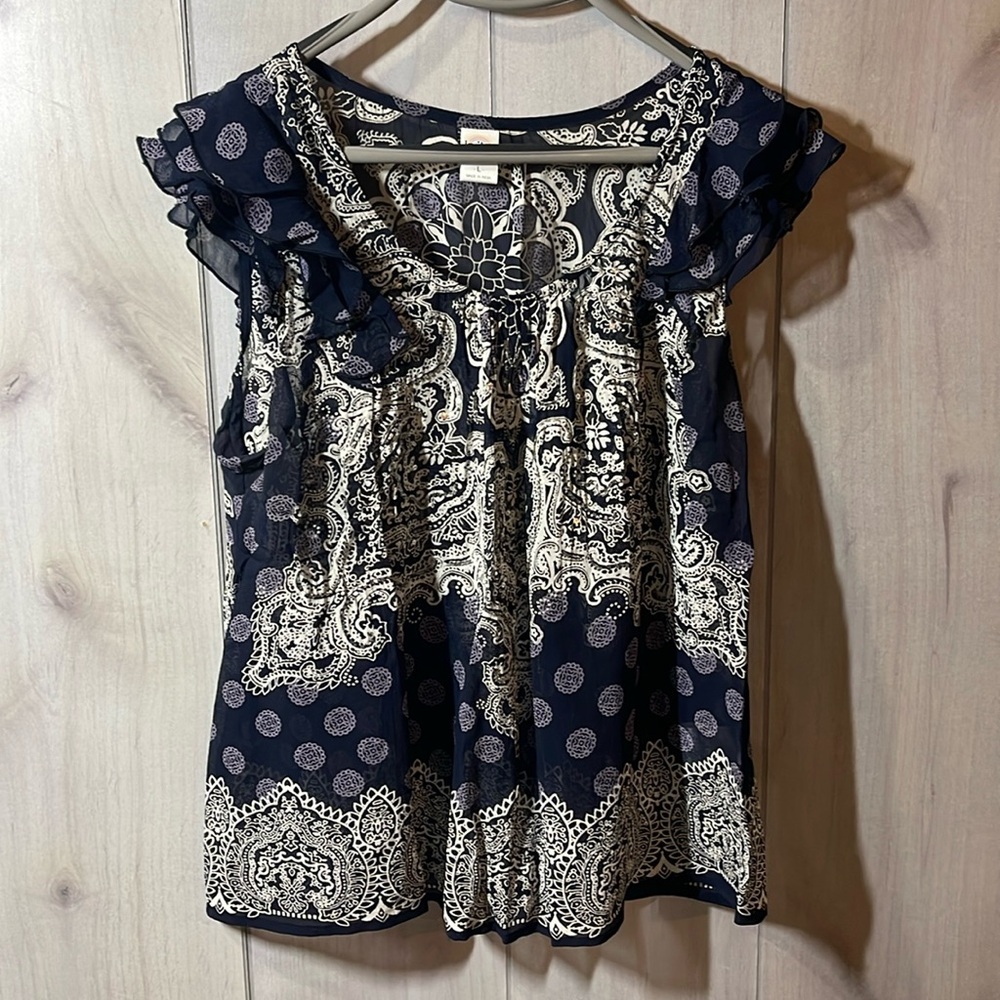 Bila Navy and Cream Paisley Blouse